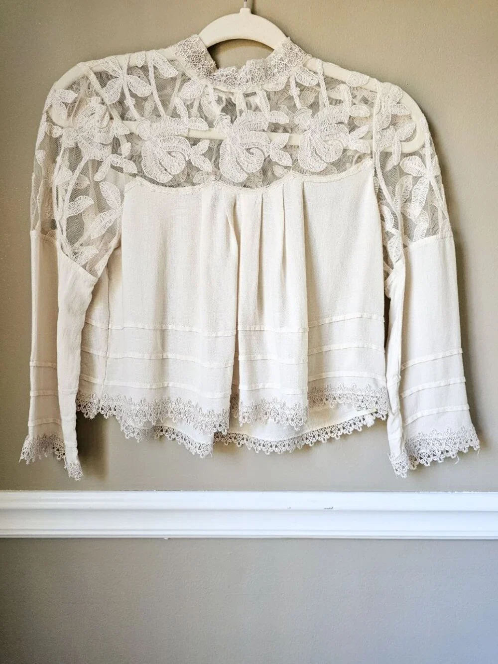 Free People Ivory Lace High Neck Boho Blouse XS Sheer Embroidered Top